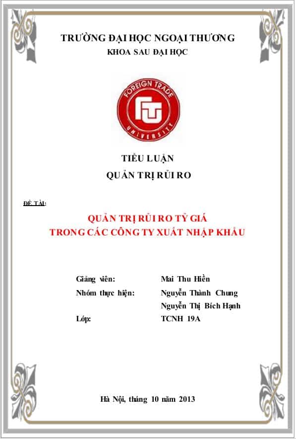 Bài Tiểu luận quản trị rủi ro Quản trị rủi ro tỷ giá trong các công ty xuất nhập khẩu