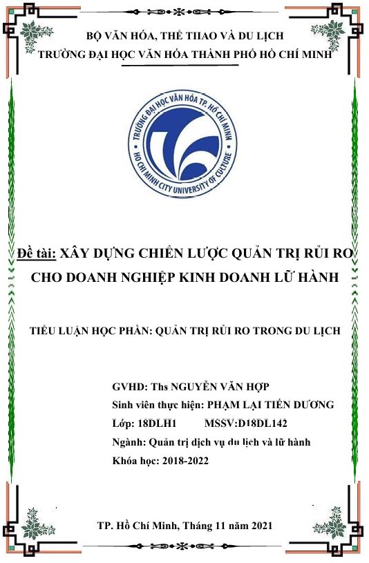 Tiểu luận Quản trị rủi ro trong du lịch Xây dựng chiến lược quản trị rủi ro cho doanh nghiệp kinh doanh lữ hành
