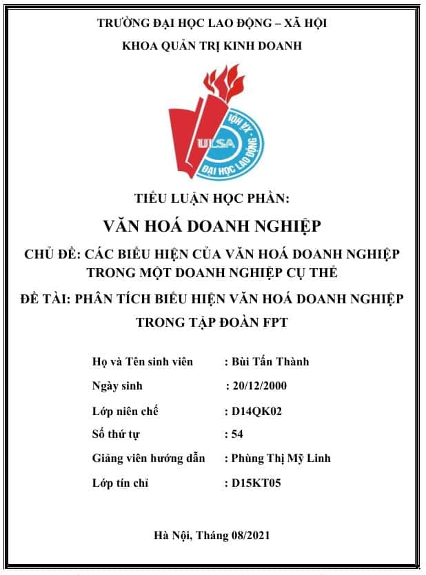 Tiểu luận Văn hoá doanh nghiệp Phân tích biểu hiện văn hoá doanh nghiệp trong tập đoàn FPT