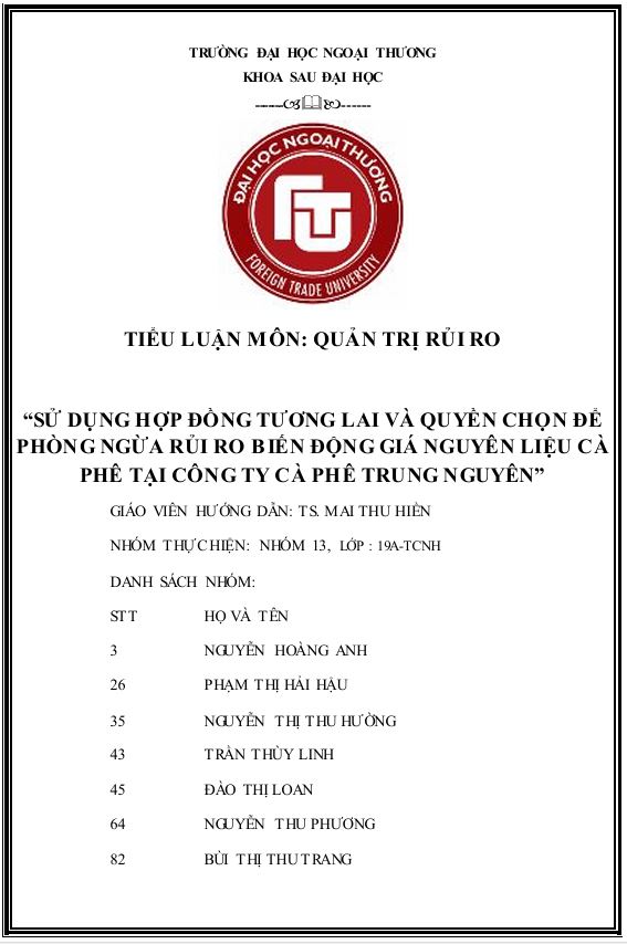 Tiểu luận quản trị rủi ro biến động giá nguyên liệu cà phê tại công ty cà phê Trung Nguyên